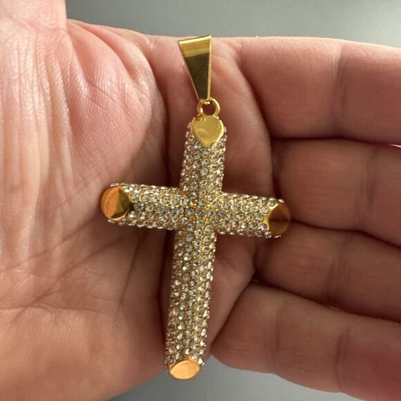 Cross Pendant Stainless Steel Cubic Zirconia 24” Chain Necklace Hip Hop Gold Men - Picture 4 of 6